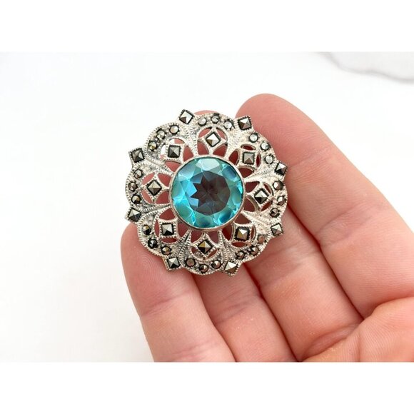SOLD -Sterling Silver Vintage 925 Stamped Natural Marcasite & Acquamarine Brooch - Picture 5 of 9